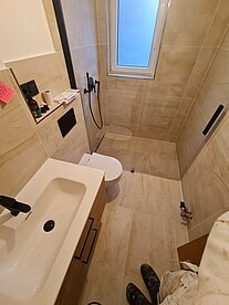 Badezimmer mit Waschbecken, Toilette und Dusche, ausgestattet mit modernen Armaturen und neutralen Farben.